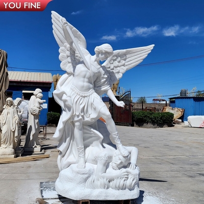 Outdoor Church Religious White Life Size Marble Saint Michael Angel Statue Stone