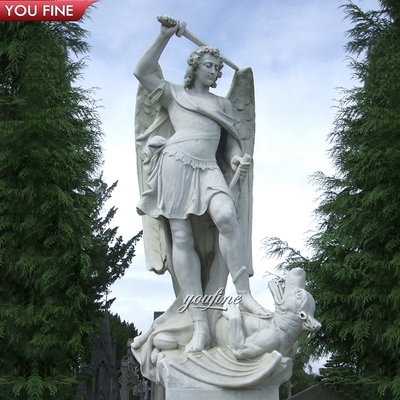 Outdoor Church Religious White Life Size Marble Saint Michael Angel Statue Stone