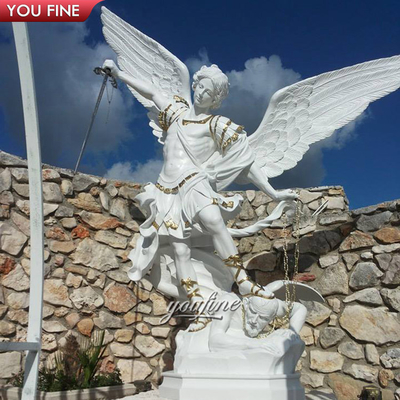 Outdoor Church Religious White Life Size Marble Saint Michael Angel Statue Stone