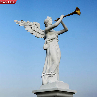 Outdoor Garden Life Size Hand Carved Marble Stone Angel Horn Statue Sculpture