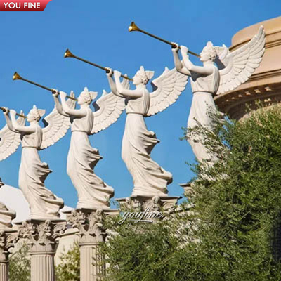 Outdoor Garden Life Size Hand Carved Marble Stone Angel Horn Statue Sculpture