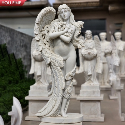 Hand Carved Garden Decor Life Size Female Angel White Marble Sculpture