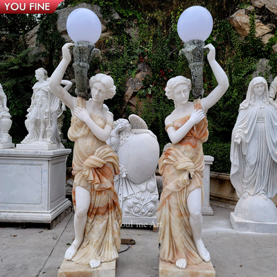 Hand Carved Life Size White Garden Arts Floor Statue Girl Marble Sculptures Lamp