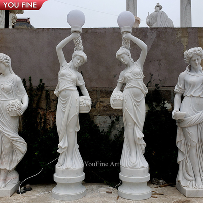 Hand Carved Life Size White Garden Arts Floor Statue Girl Marble Sculptures Lamp
