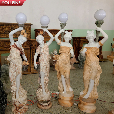 Hand Carved Life Size White Garden Arts Floor Statue Girl Marble Sculptures Lamp