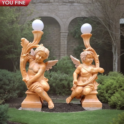 Hand Carved Garden Marble Angel Lamp Statue Outdoor