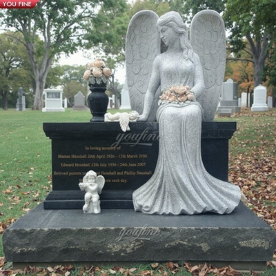 Modern Black Granite Double Angel Headstone Tombstone Cemetery Memorial Stone for Couple Engraved Heart Angel Wings Marble