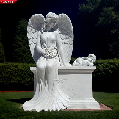 Outdoor Natural White Sitting Angel Marble Statue Headstone