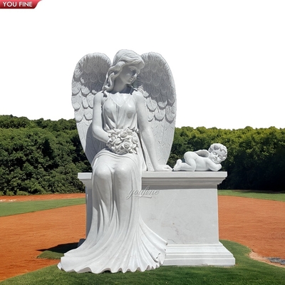 Outdoor Natural White Sitting Angel Marble Statue Headstone