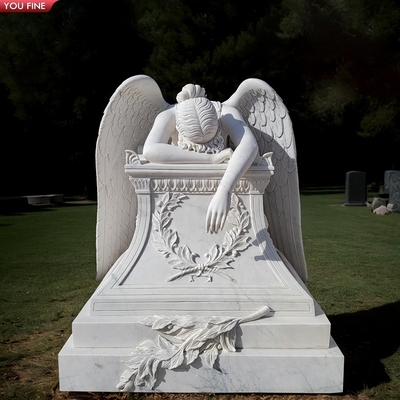 Outdoor Natural White Marble Sleeping Angel Statue Bench Headstone