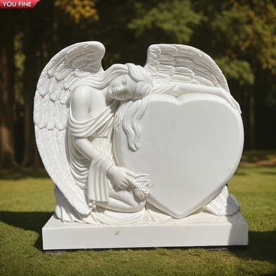 Outdoor Natural White Marble Sleeping Angel Statue Bench Headstone