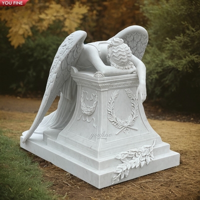 Outdoor Natural White Marble Sleeping Angel Statue Bench Headstone