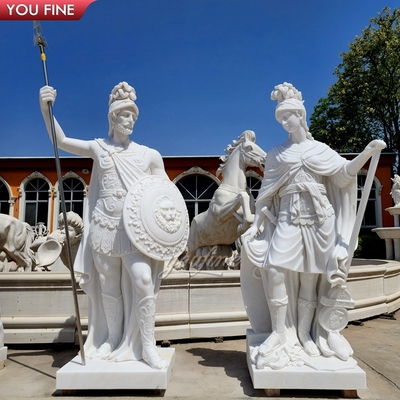 Outdoor Garden Ancient Marble Roman Statues Full Size Soldier Sculpture with Shield