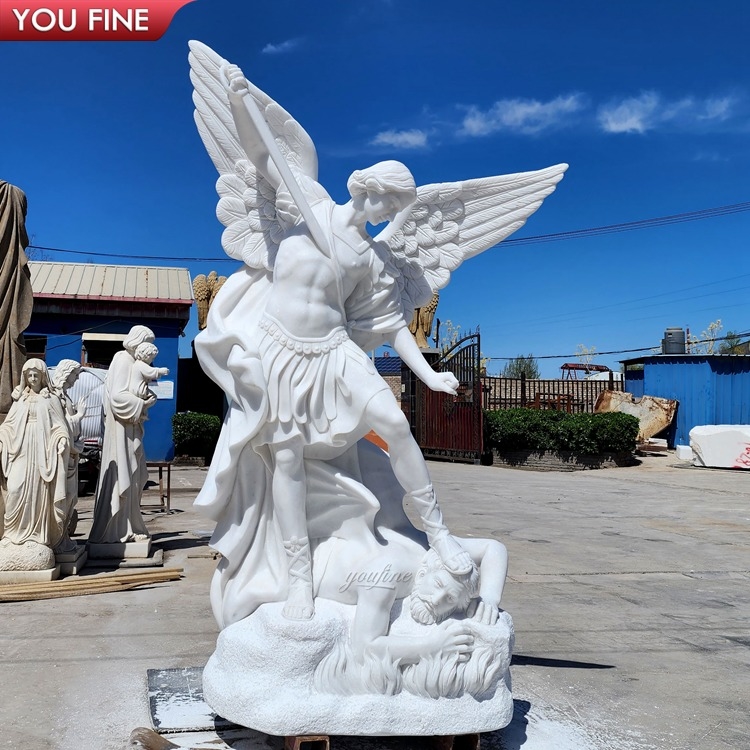 Outdoor Church Religious White Life Size Marble Saint Michael Angel Statue Stone